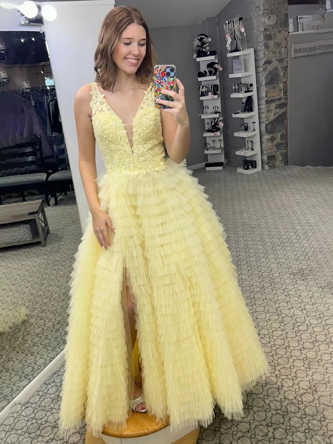 A-line Lace Plunge V Neck Ruffle Tiered Long with Slit Prom Dress