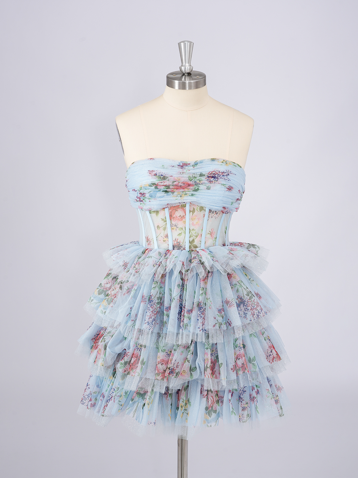 Blue A-Line Tulle Strapless With Tiered Short Homecoming Dress