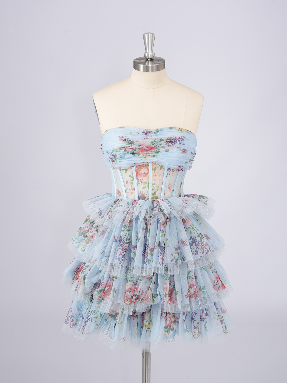 Blue A-Line Tulle Strapless With Tiered Short Homecoming Dress