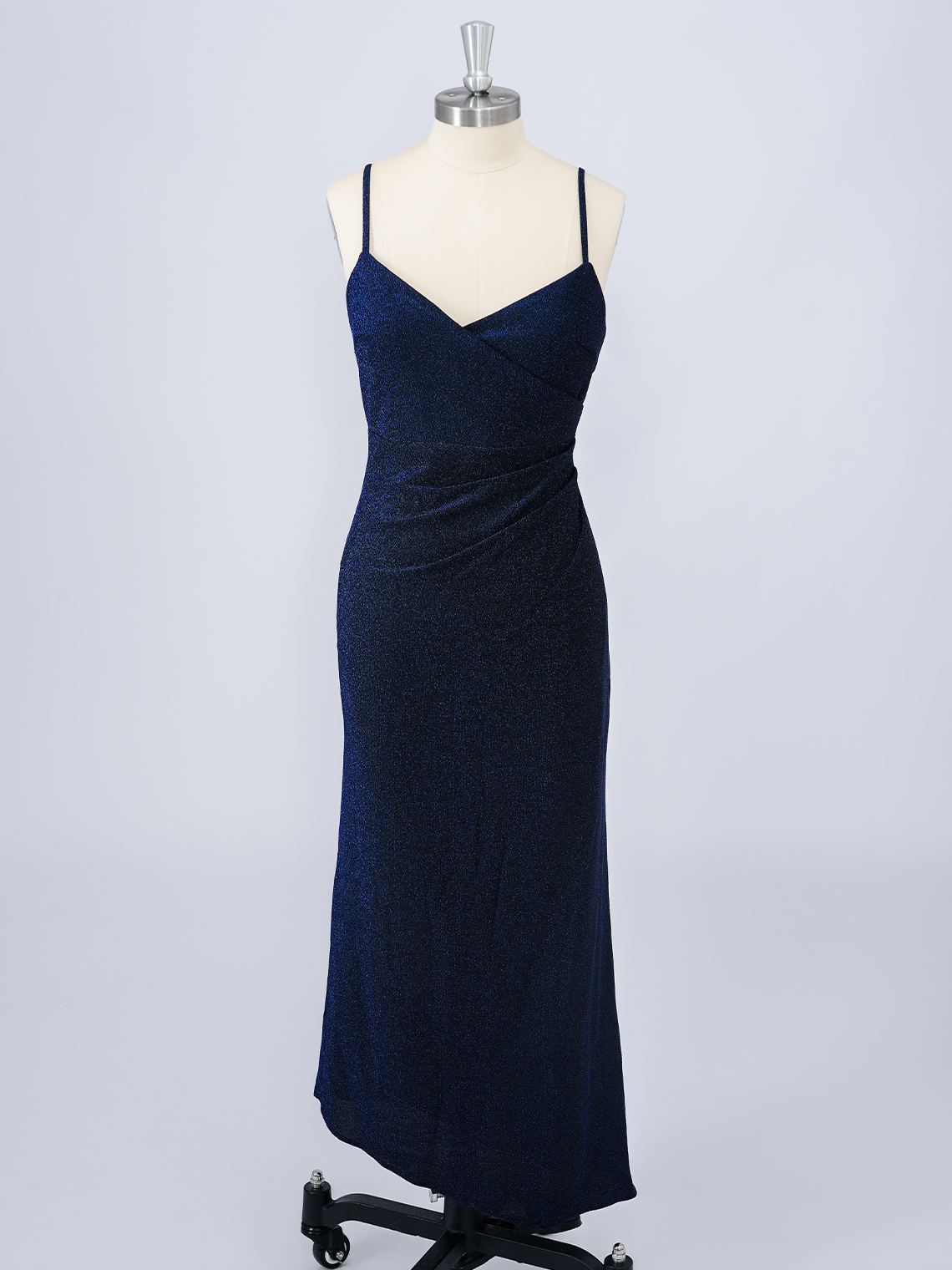 Dark Navy Sheath V Neck Tea Length With Solid Color Long Prom Dress