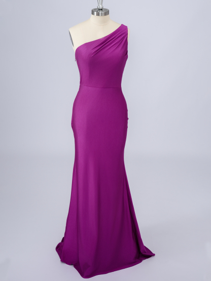 Dress Fuchsia Solid Color Mermaid One Shoulder Sleeveless Long Prom Dress
