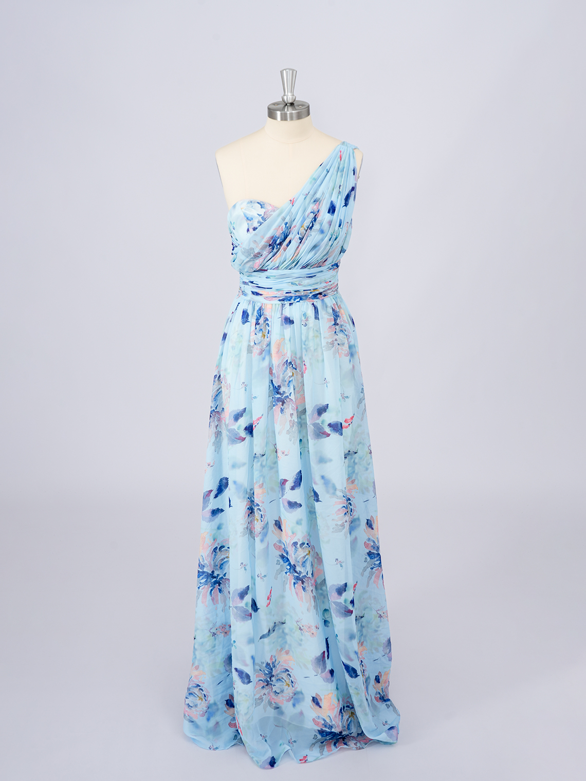 Blue Chiffon A-Line Dress with floral patterns Long Prom Dress