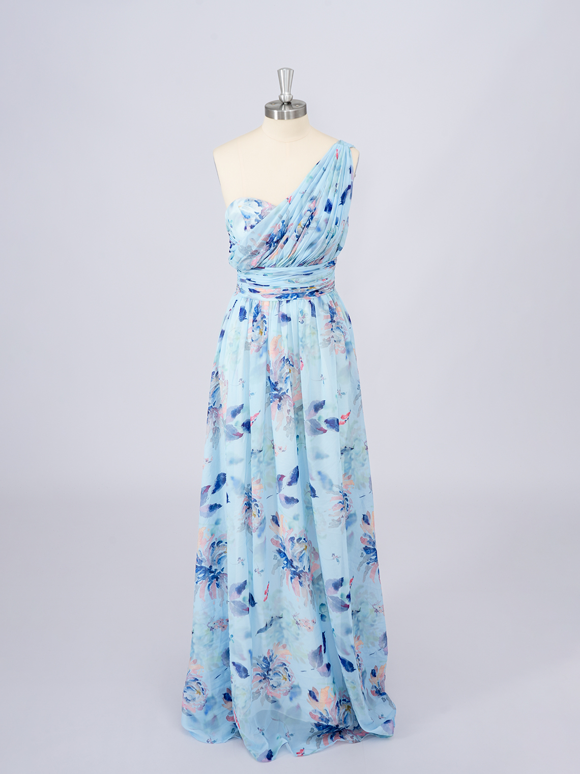 Blue Chiffon A-Line Dress with floral patterns Long Prom Dress