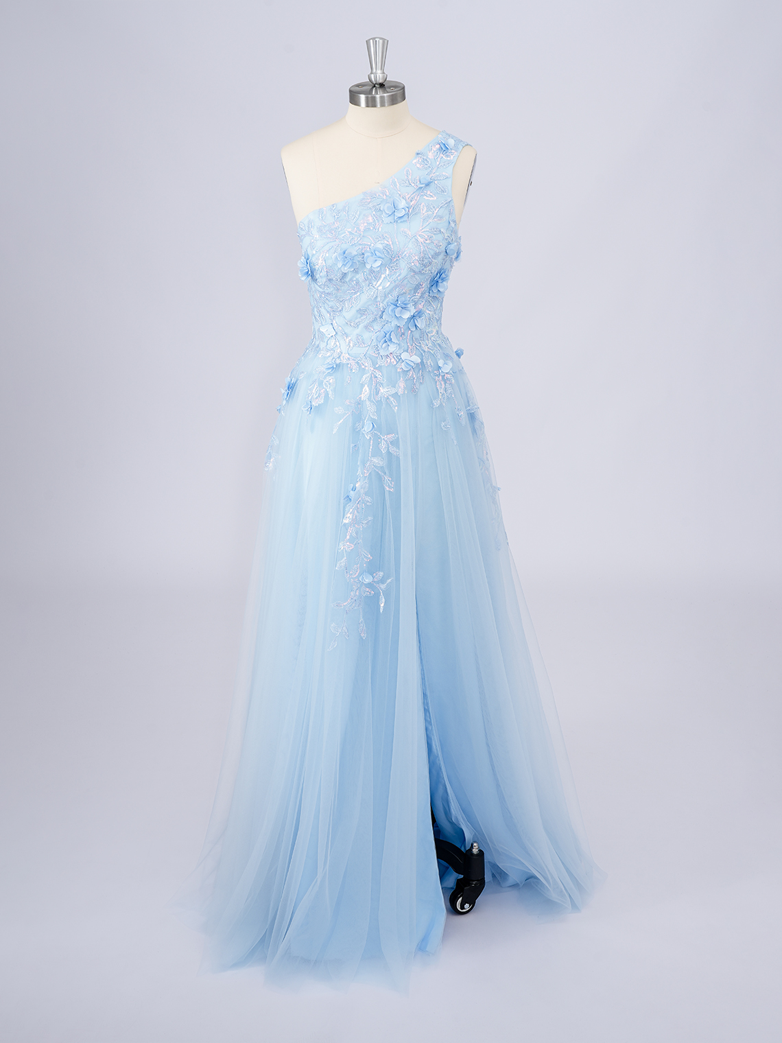 Blue A-Line One Shoulder Floor Length With Appliques Long Prom Dress