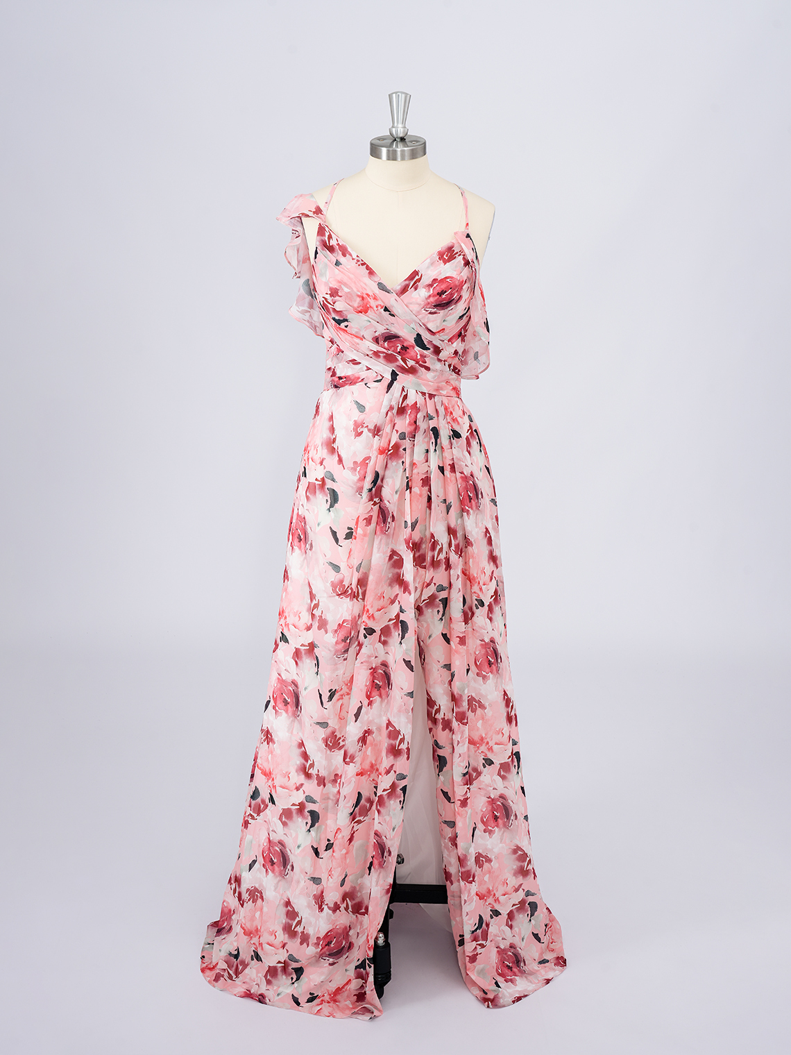 Pink A-Line Chiffon Dress with floral patterns Long Prom Dress
