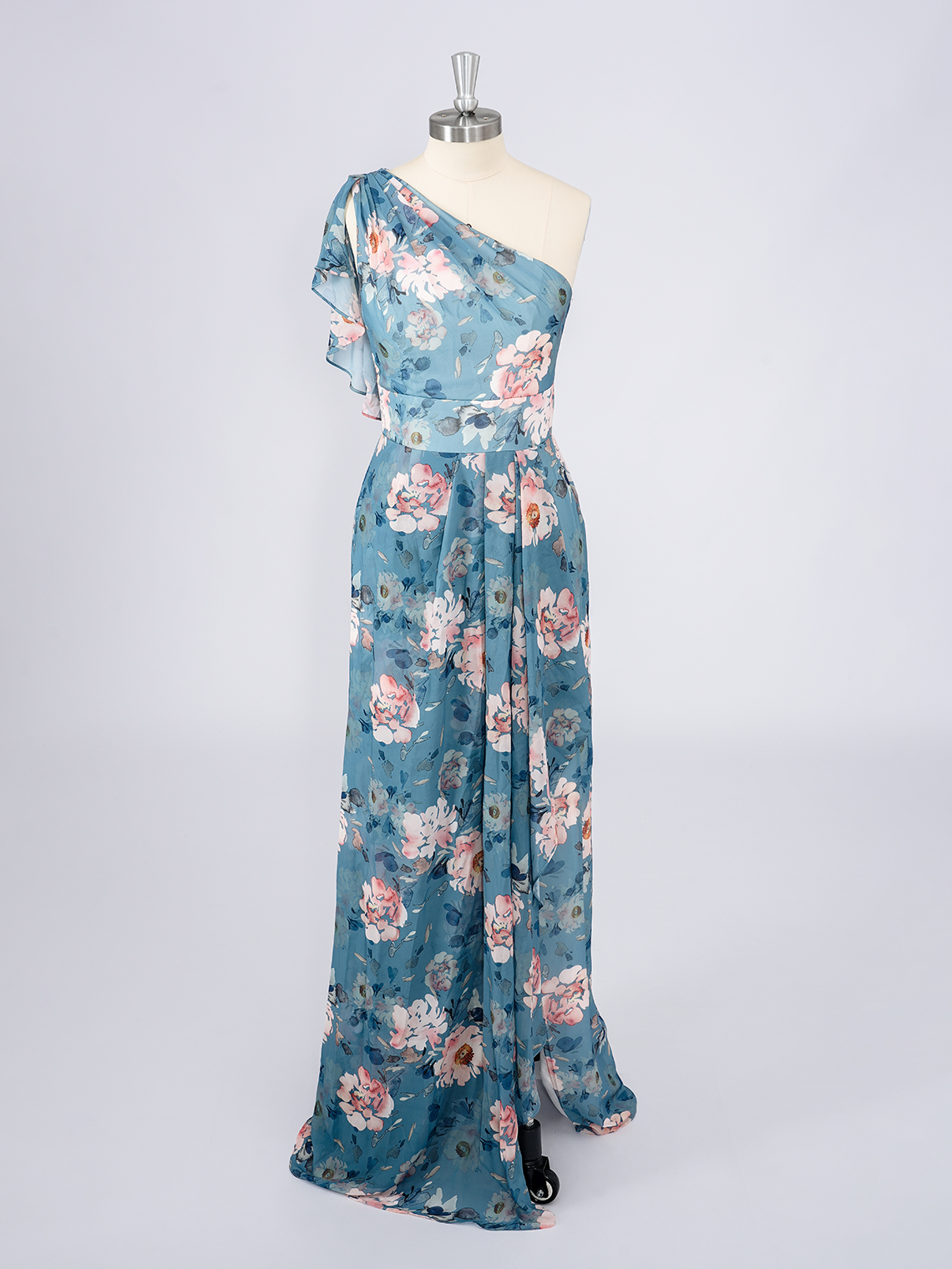 Blue A-Line Chiffon Dress with floral patterns One Shoulder Prom Dress