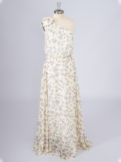 Dress Yellow  A-Line Chiffon Dress with floral patterns Long Prom Dress