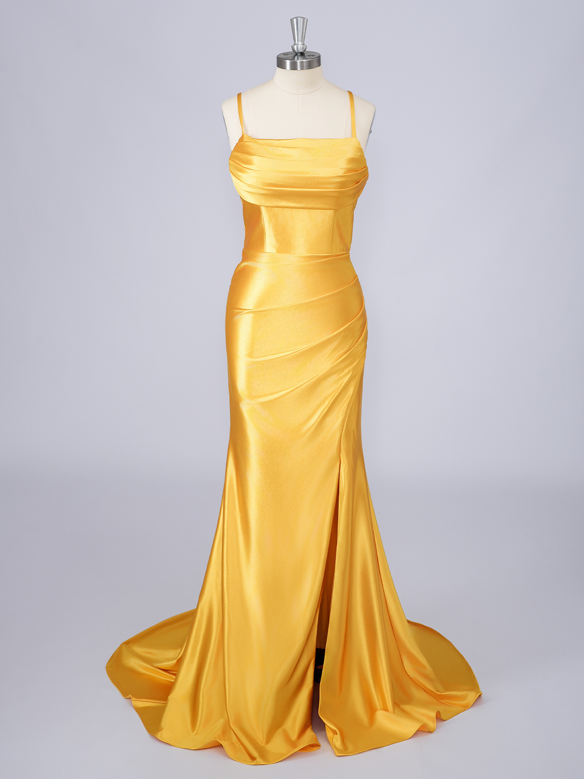 Yellow Mermaid Satin Spaghetti With Ruffles Long Prom Dress