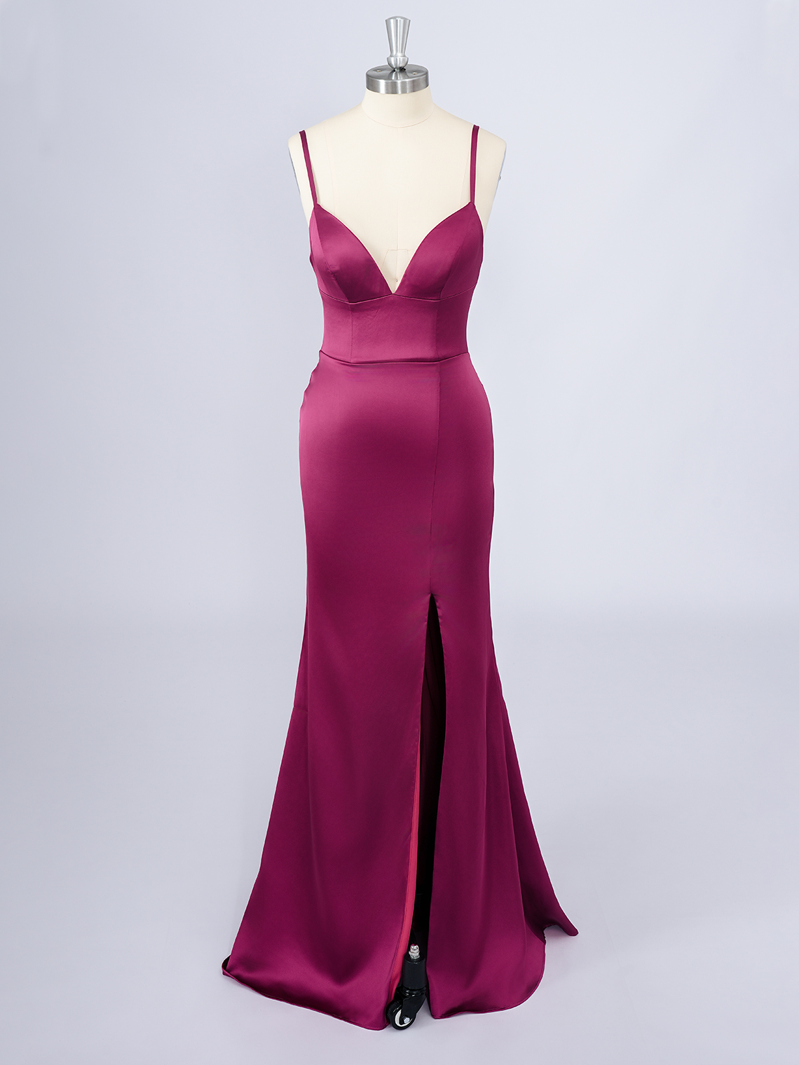 Fuchsia Satin Mermaid Spaghetti Floor Length With Slit Long Prom Dress