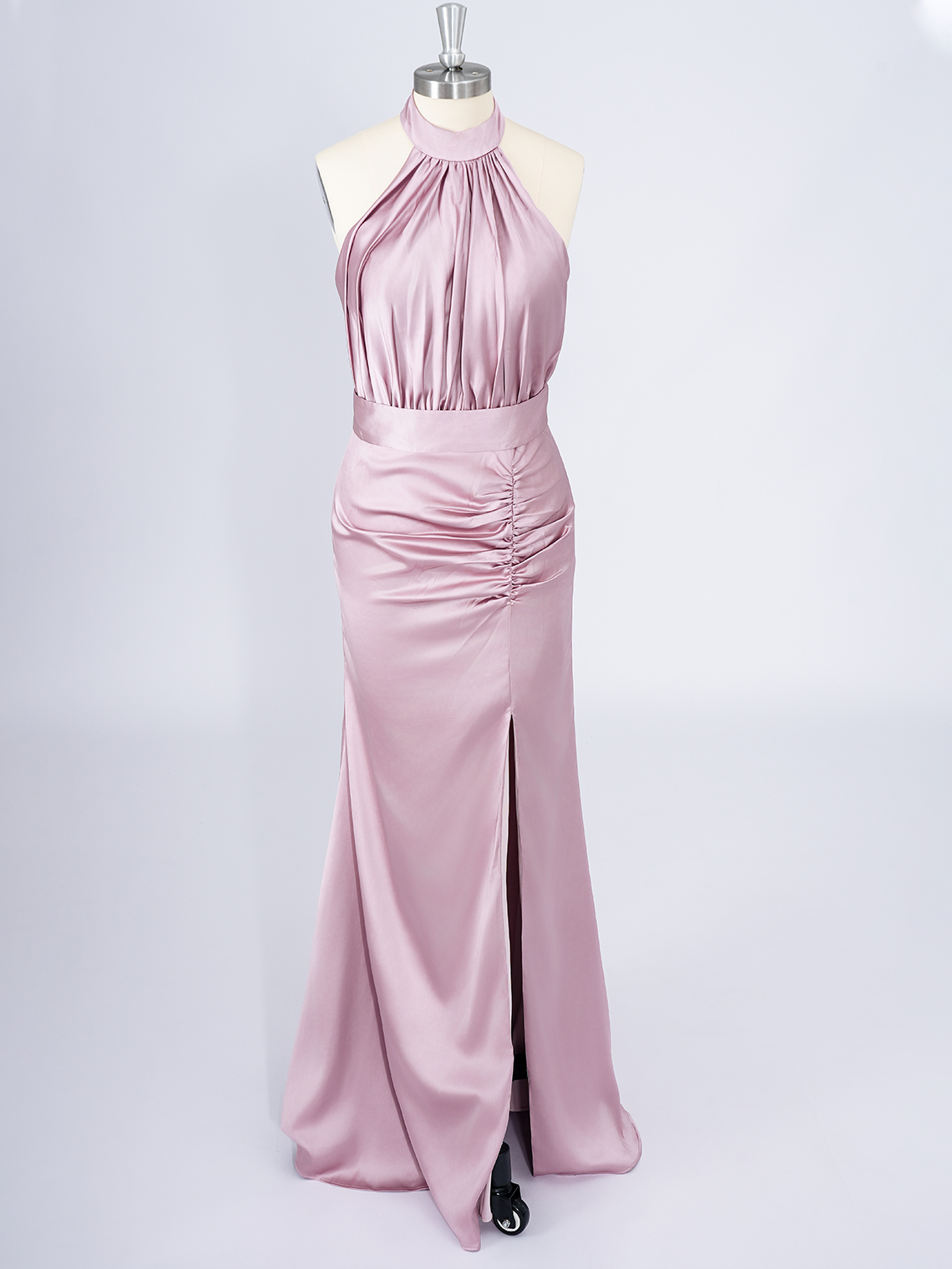 Dusty Rose Mermaid Satin Halter Ruffles With Slit Long Prom Dress