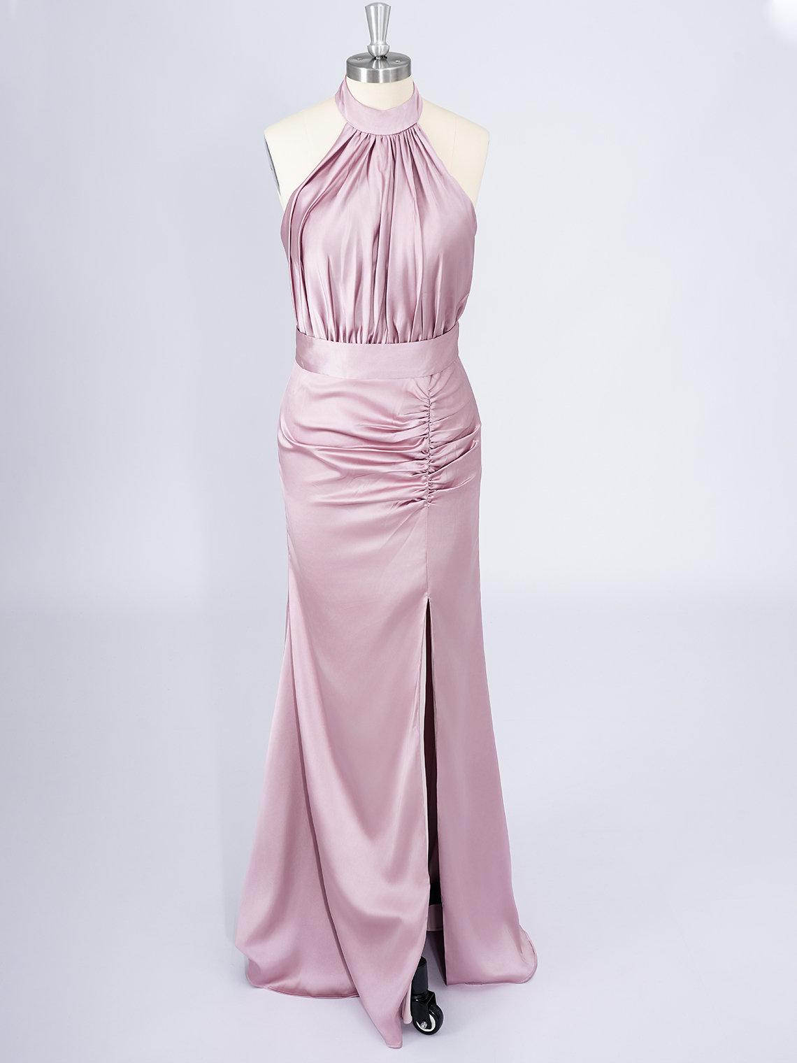Dusty Rose Mermaid Satin Halter Ruffles With Slit Long Prom Dress