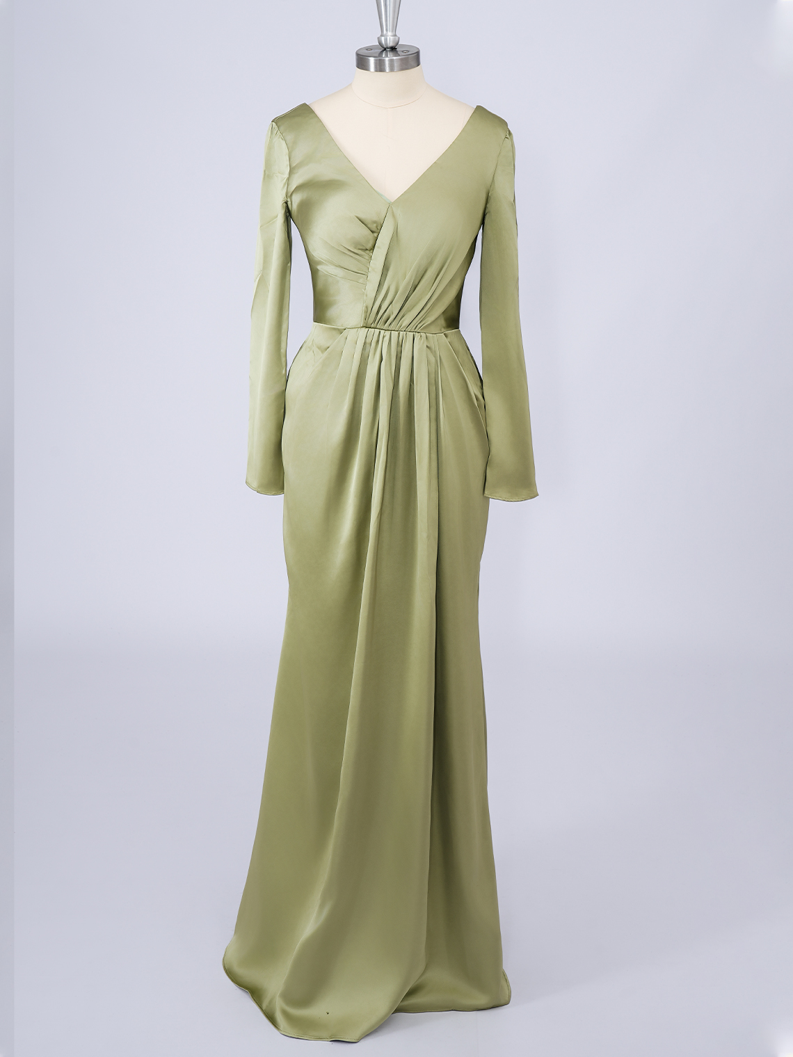 Dark Sage Mermaid V Neck Long Sleeves With Ruffles Long Prom Dress