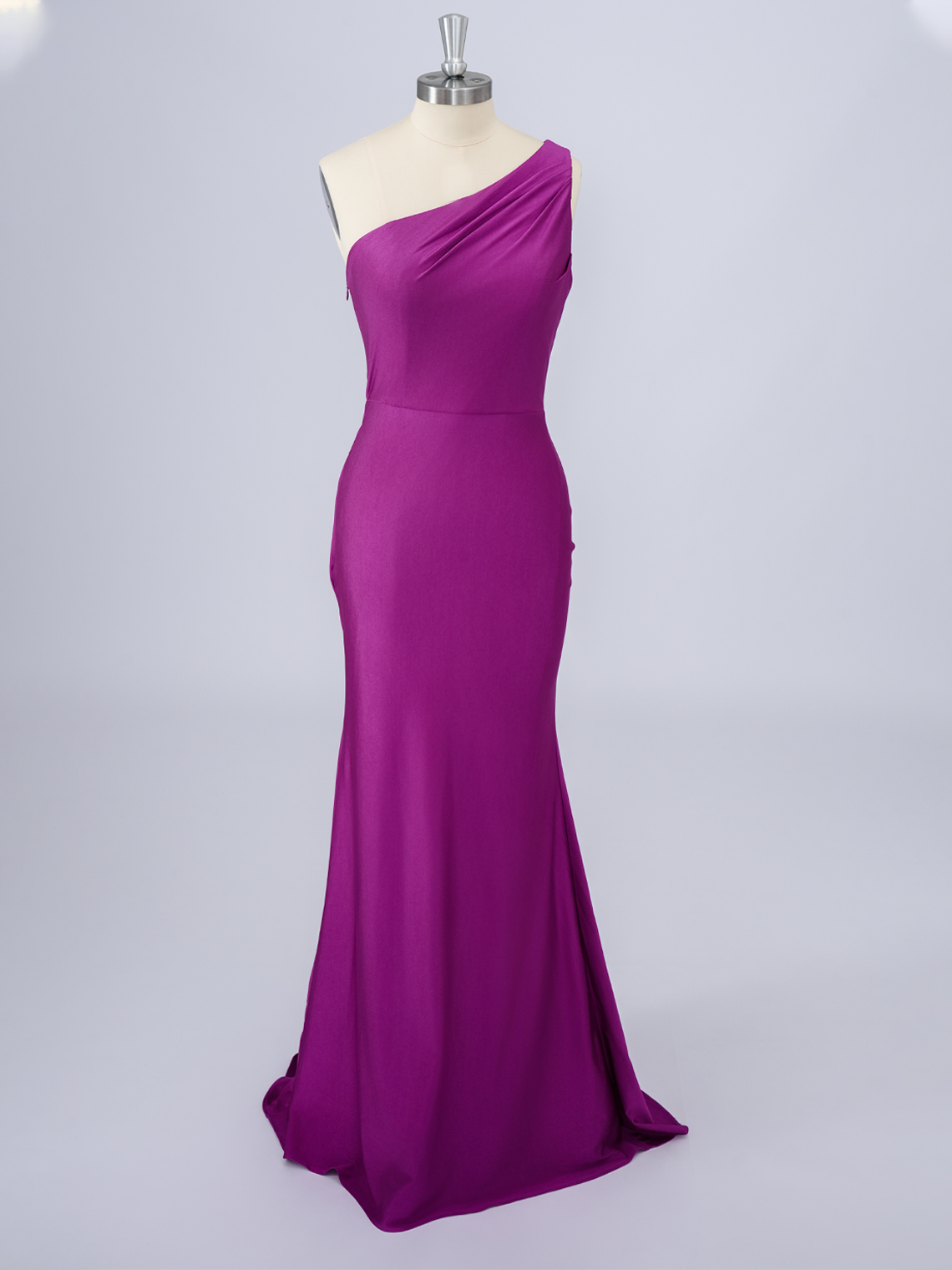 Fuchsia Silk Satin Mermaid One Shoulder Sleeveless Long Prom Dress