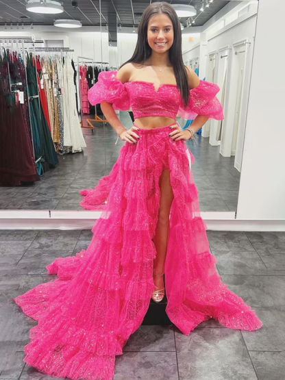Dress Two-Piece Fuchsia Puff Tulle Sleeve Ruffle Glitter Slit Prom Dress
