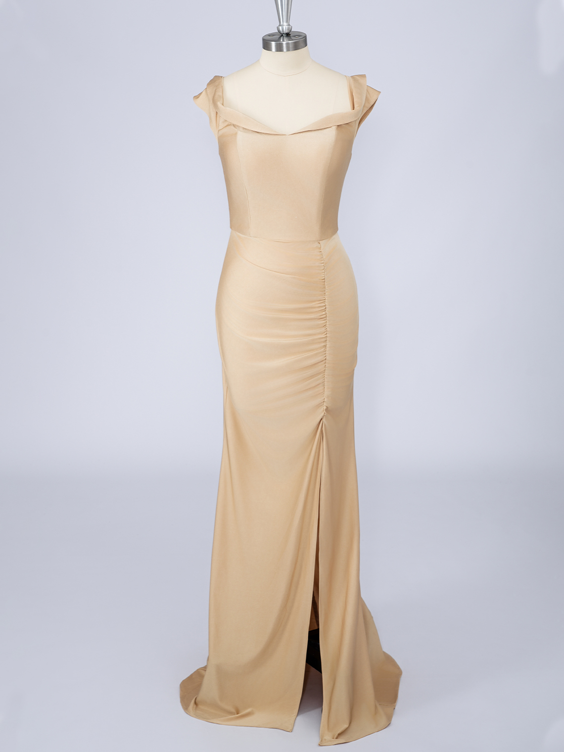 Gold Silk Satin Mermaid Cap Sleeve Solid Color With Split Prom Dress