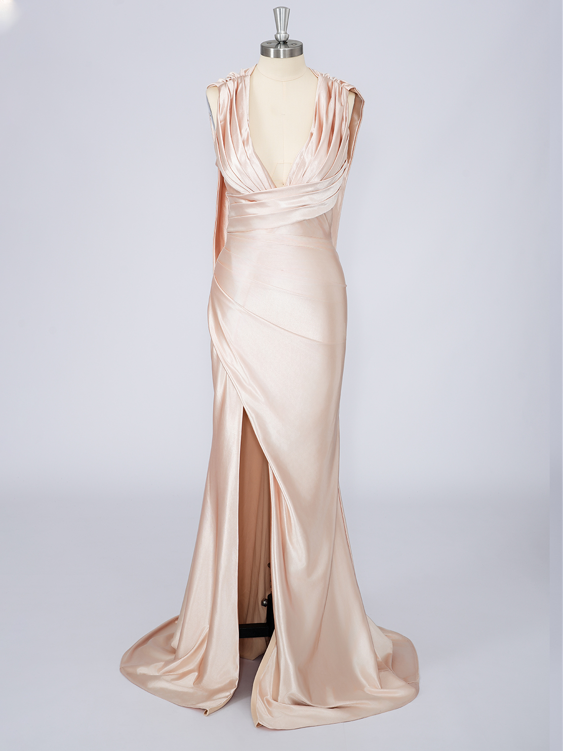 Mermaid Satin V Neck Solid Color With Ribbon Long Prom Dress