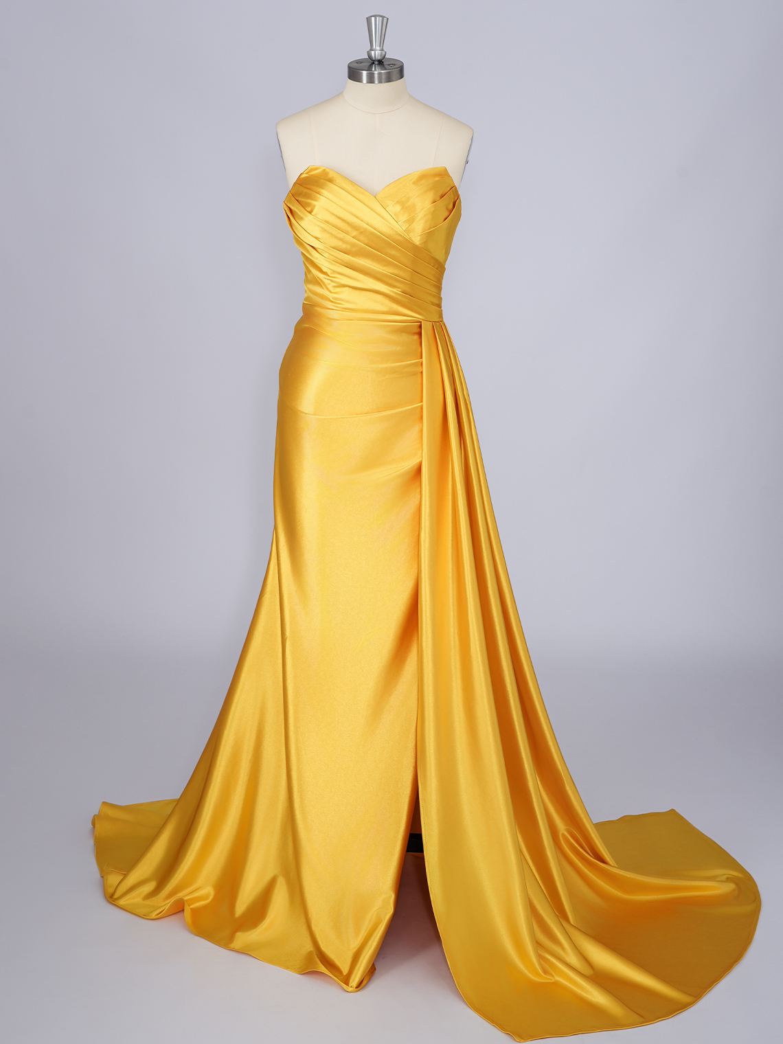 Yellow Mermaid Satin Strapless Solid Color With Ruffles Prom Dress