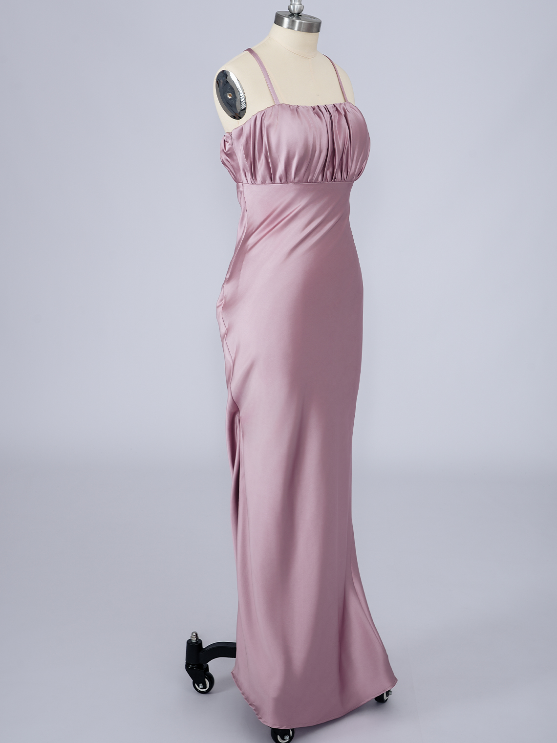 Dusty Rose Mermaid Silk Satin Spaghetti With Ruffles Long Prom Dress