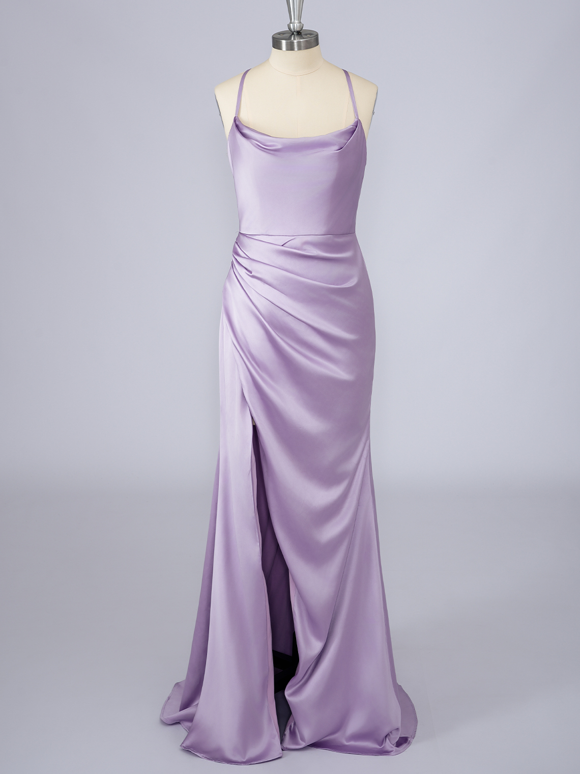 Lilac Silk Satin Spaghetti Floor Length With Slit Long Prom Dress