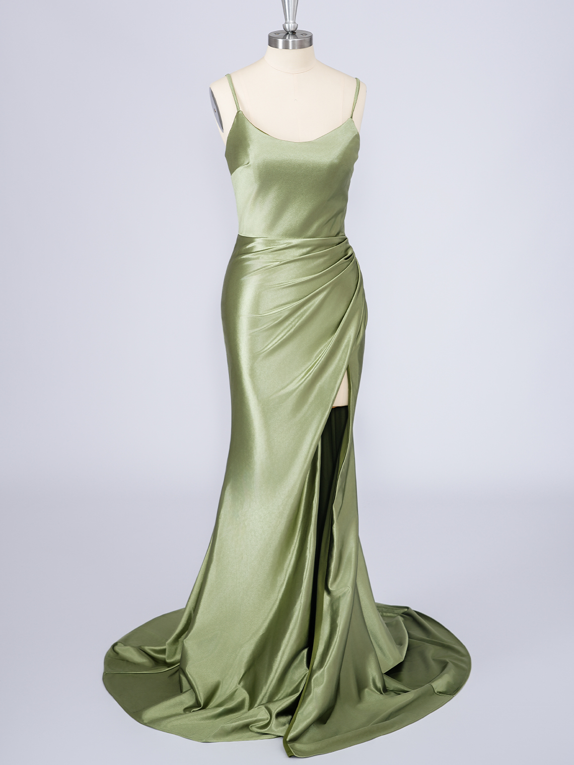 Dusty Sage Silk Satin Spaghetti Solid Color With High Split Prom Dress