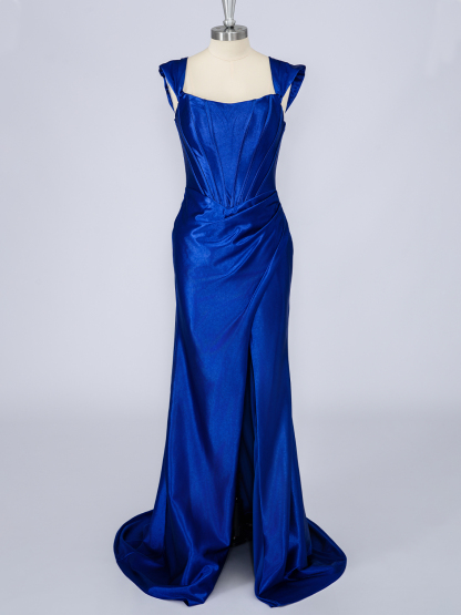 Dress Mermaid Satin Cap Sleeve Sleeveless With Ruffles Long Prom Dress