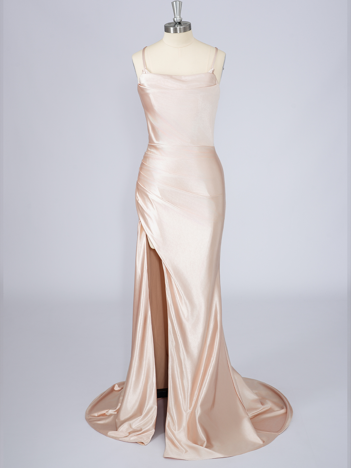 Champagne Silk Satin Mermaid Spaghetti With Split Long Prom Dress