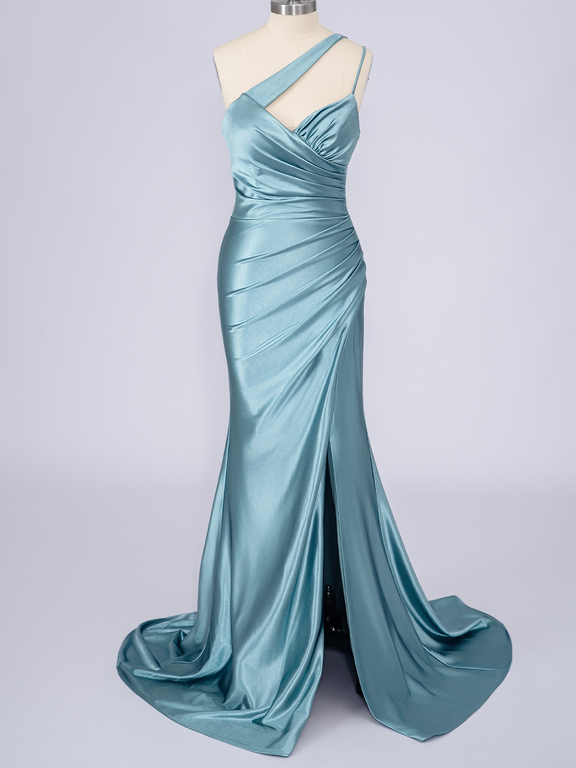 Mermaid Satin Spaghetti Sleeveless Ruffles With Slit Long Prom Dress