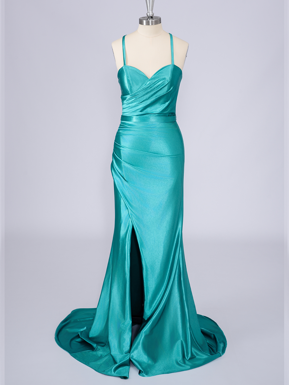 Aqua Blue Mermaid Satin Spaghetti Sleeveless With Slit Long Prom Dress