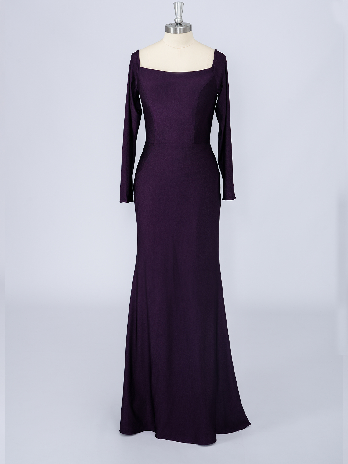 Grape Mermaid Satin Square Neck Long Sleeves Solid Color Prom Dress