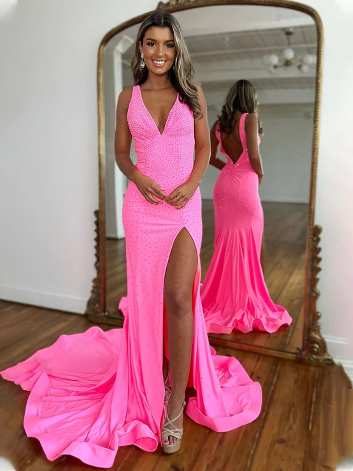 Sparkly Pink V Neck Mermaid Sweep Train Beaded With Split Prom Dress