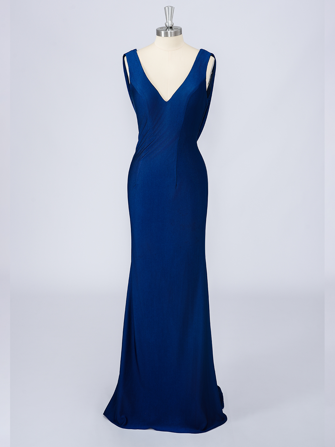 Navy Blue Mermaid Satin V Neck Sleeveless Solid Color Long Prom Dress