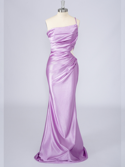 Dress Lilac Mermaid Satin One Shoulder Solid Color With Pleats Prom Dress