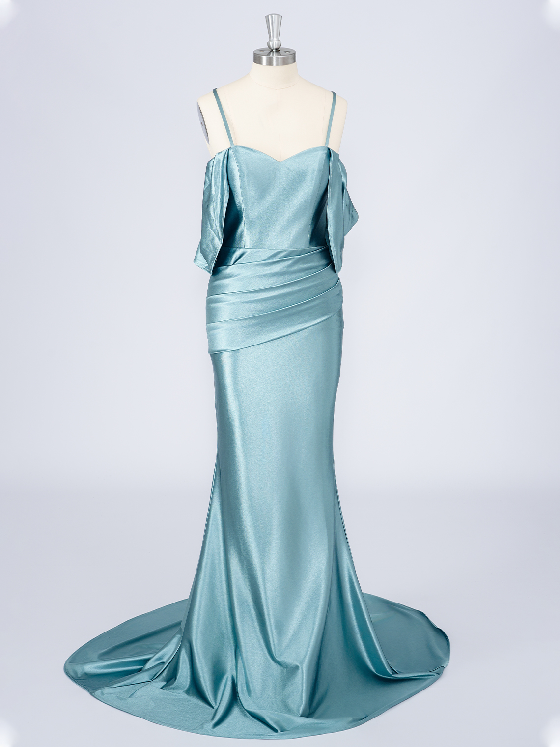 Dusty Blue Mermaid Satin Spaghetti Solid Color With Pleats Prom Dress