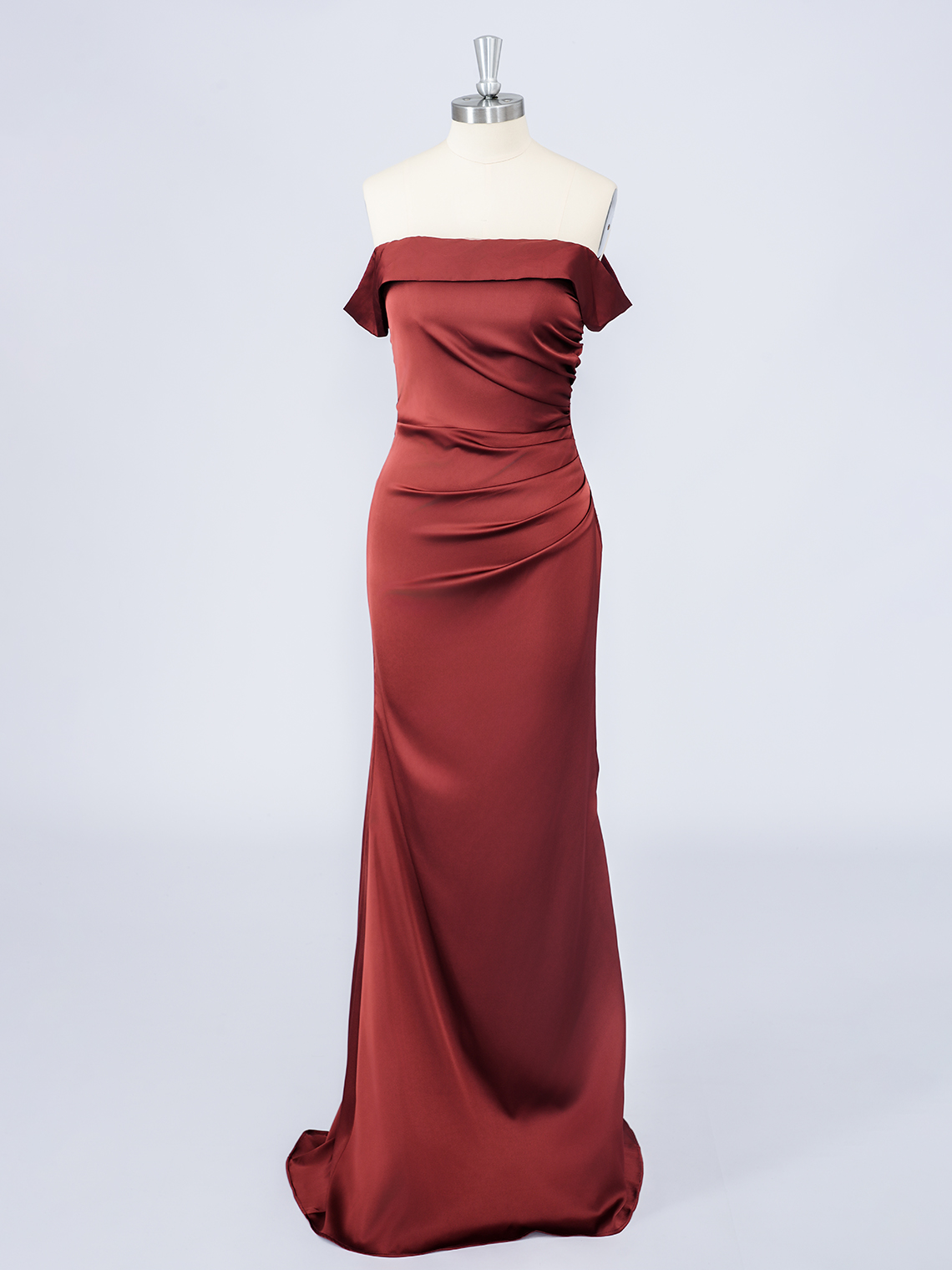 Burgundy Mermaid Satin Off Shoulder Solid Color With Pleats Prom Dress