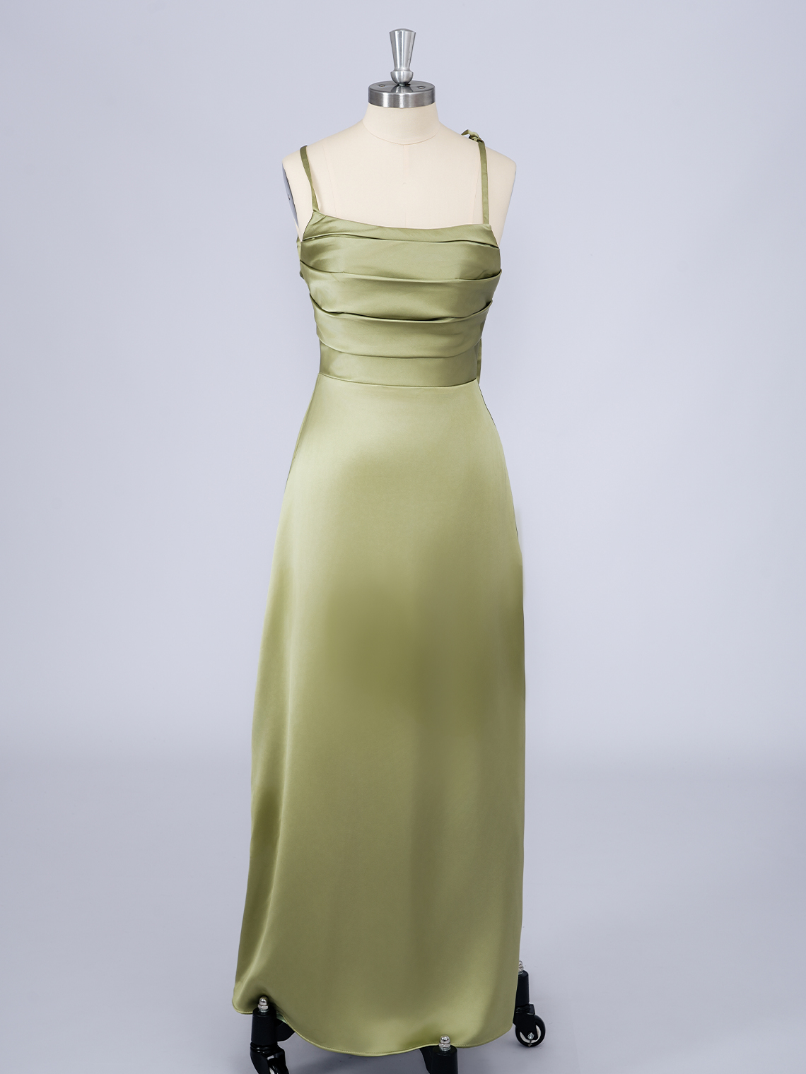 Dusty Sage Solid Color A-Line Satin Sleeveless Floor Length Prom Dress