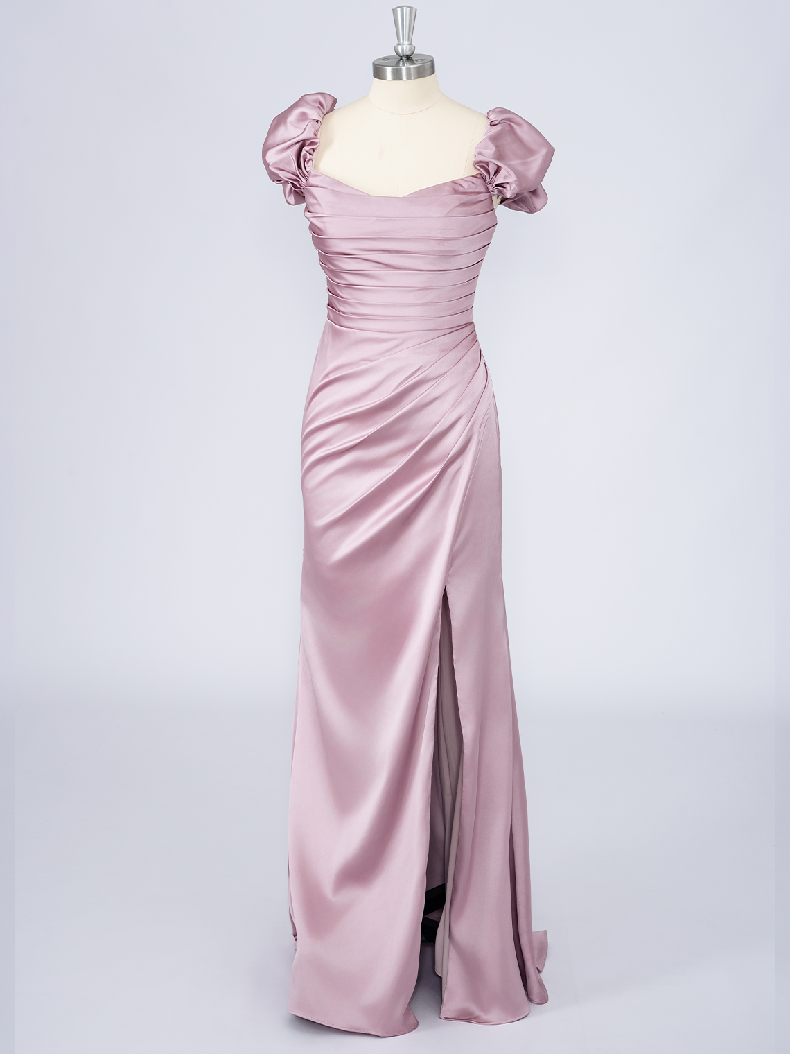 Dusty Rose Solid Color Sheath Satin Square Neck With Slit Prom Dress