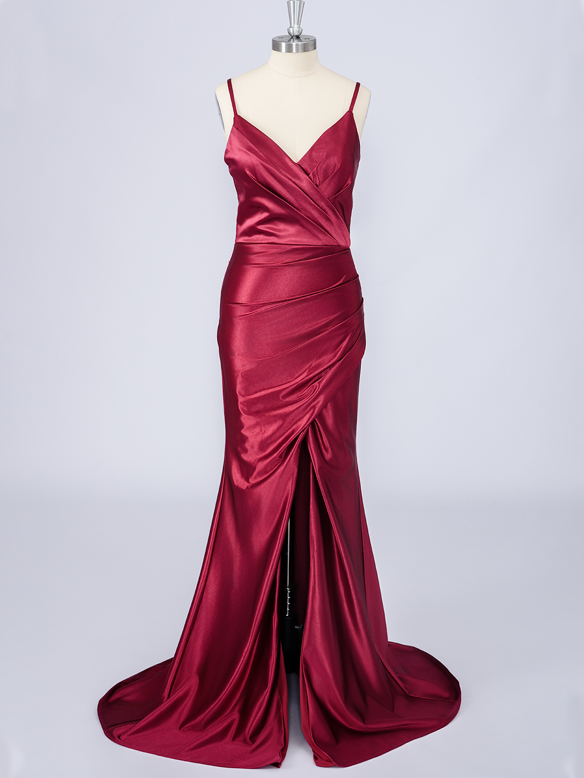Light Burgundy Solid Color Satin Spaghetti With Slit Long Prom Dress