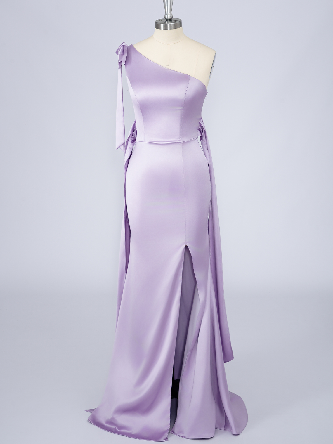 Lilac Mermaid Solid Color Satin One Shoulder With Bow knot Prom Dress