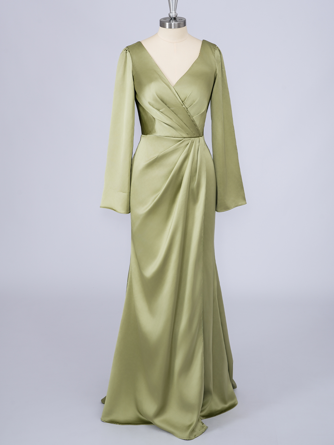 Dusty Sage Mermaid Solid Color Long Sleeves With Pleats Prom Dress
