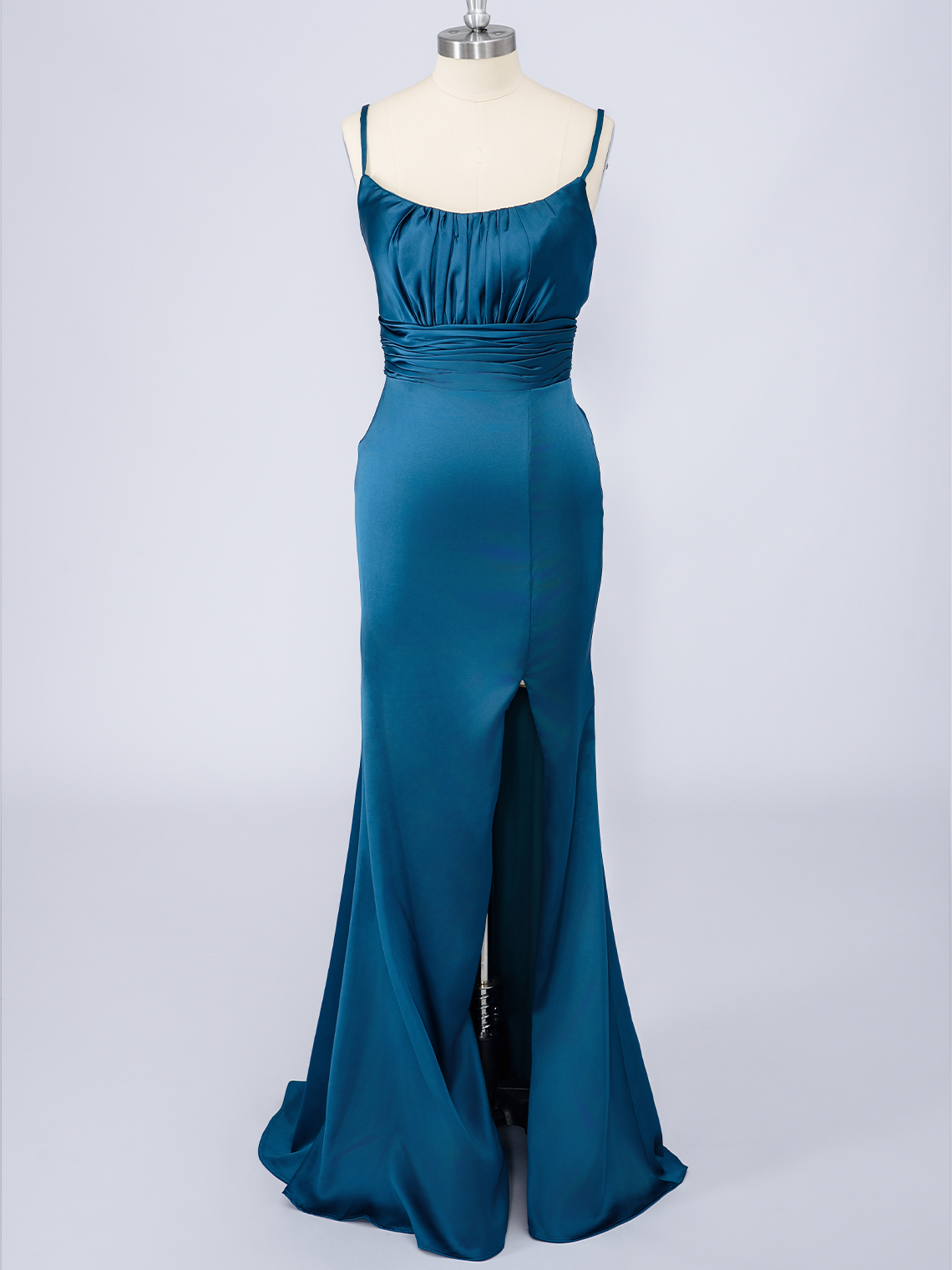 Teal Mermaid Solid Color Spaghetti With Slit Long Prom Dress