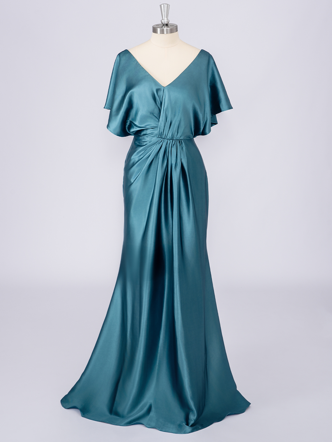 Teal Mermaid Solid Color Short Sleeves With Pleats Long Prom Dress