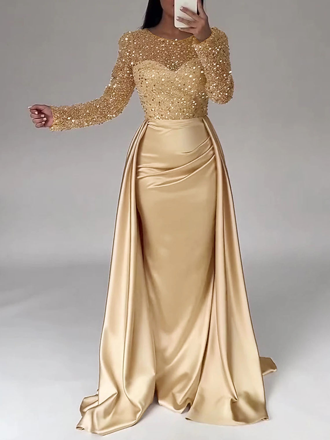 Mermaid Sequin Satin Long Sleeves with Pearls Long Evening Dress