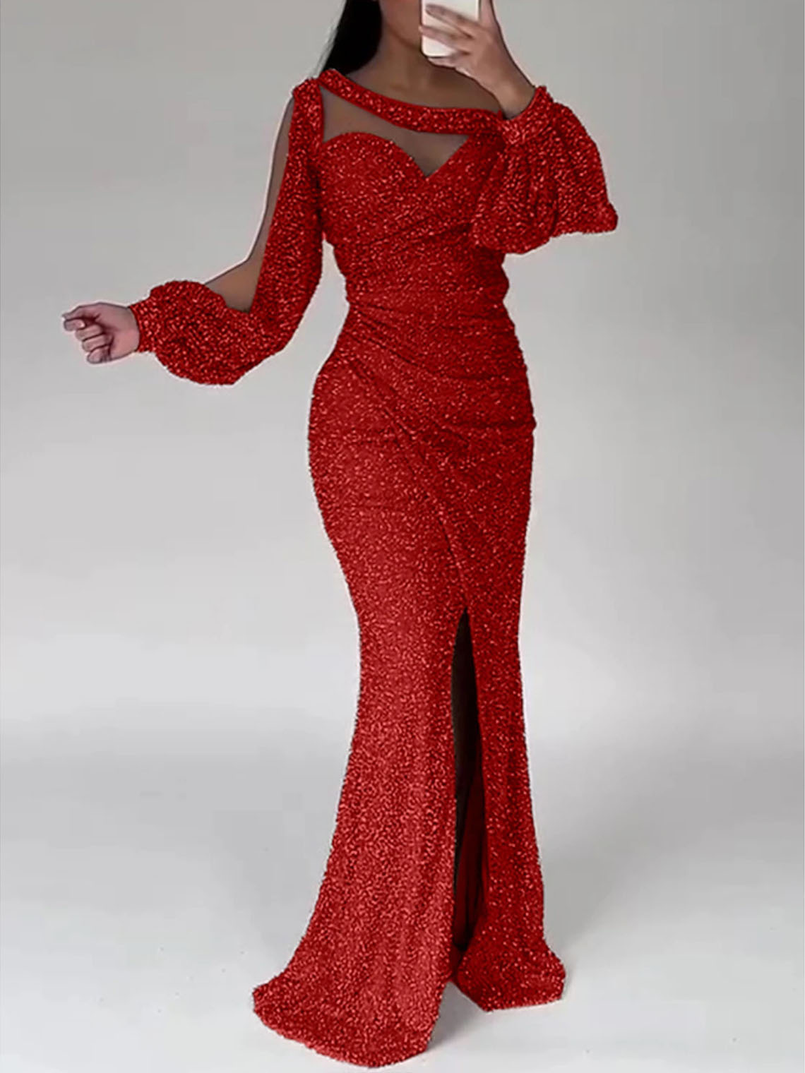 Sparkle Mermaid Sequin Long Sleeve Scoop Neck with Slit Evening Dress