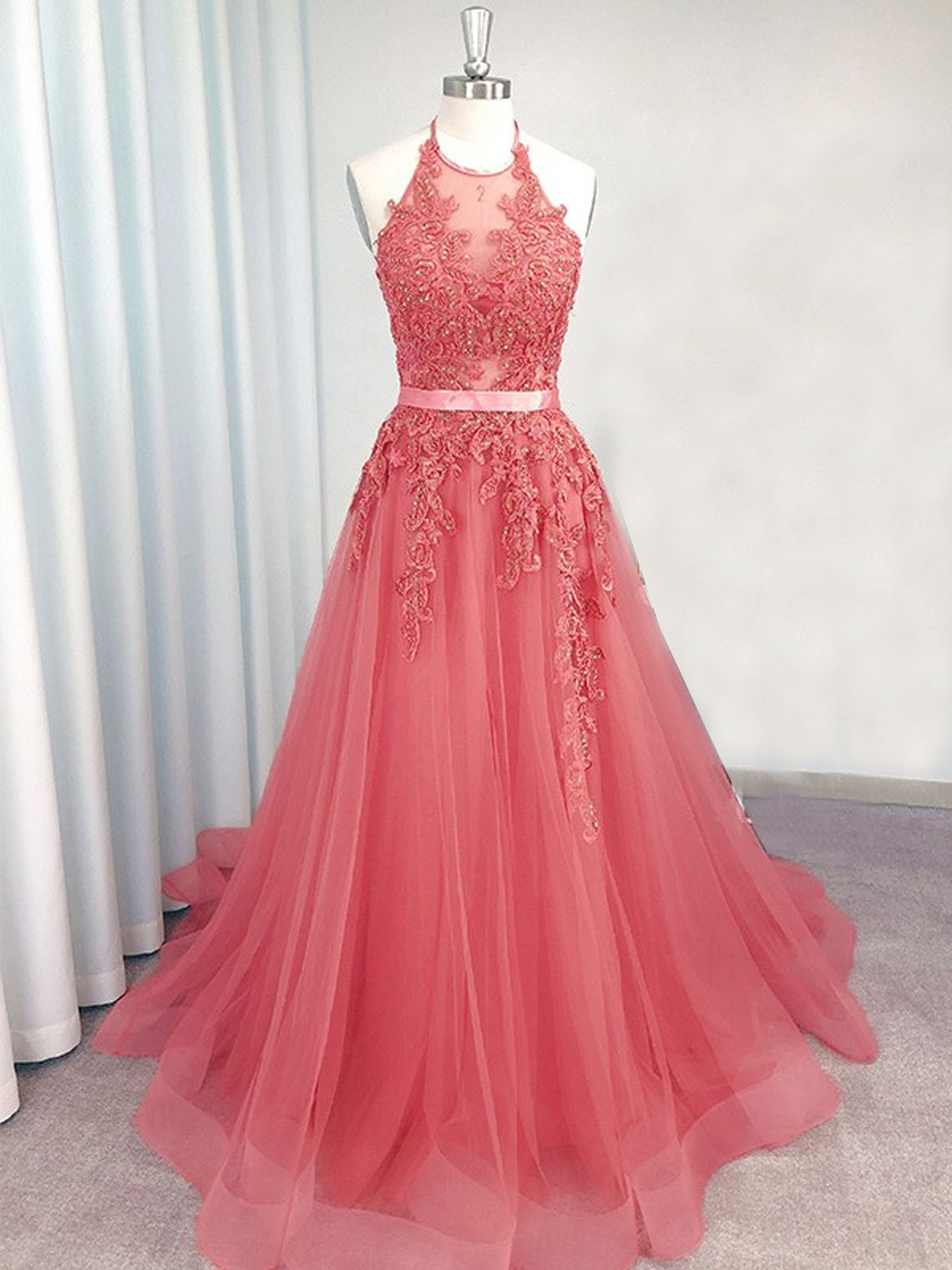 Watermelon Red A Line Tulle Halter Sleeveless Applique Evening Dress