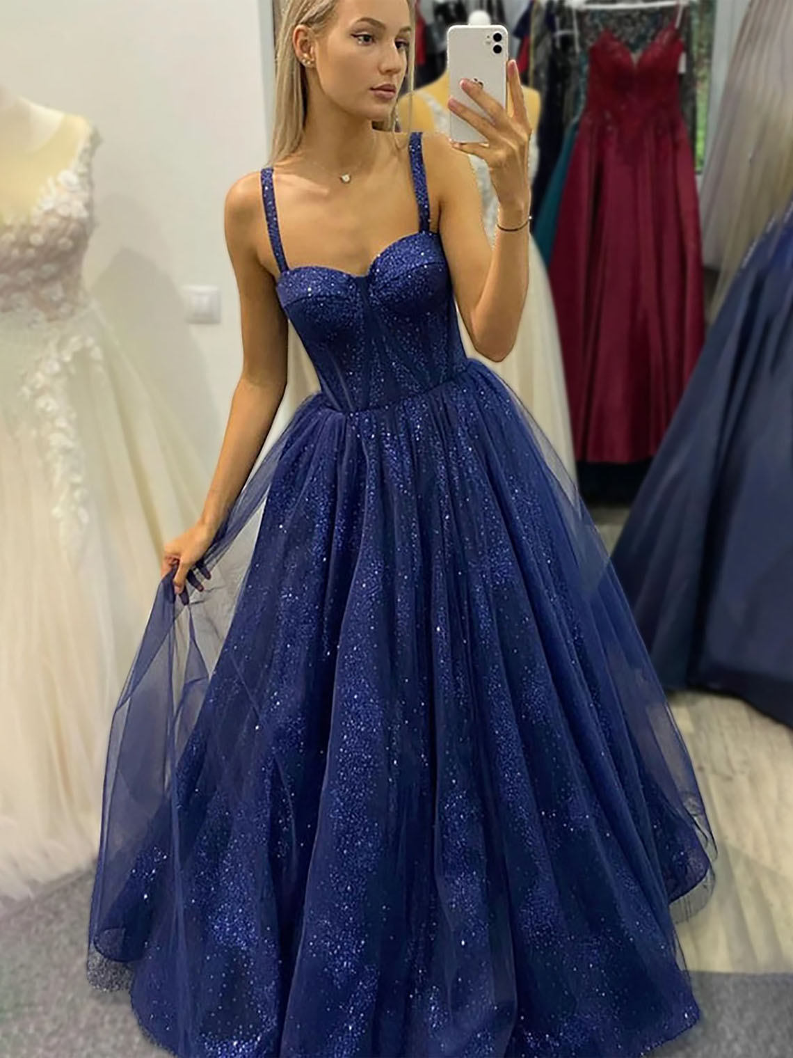 Sparkling Navy Blue Tulle A-line Sweetheart Sleeveless Long Prom Dress