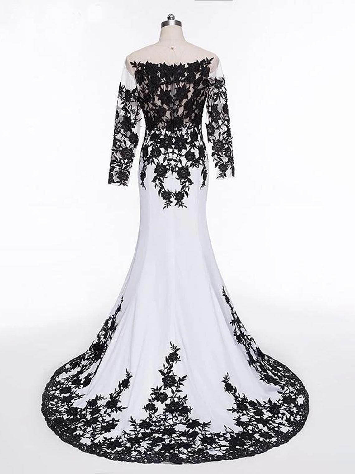 Mermaid Satin White Black Lace Long Sleeves With Appliques Prom Dress