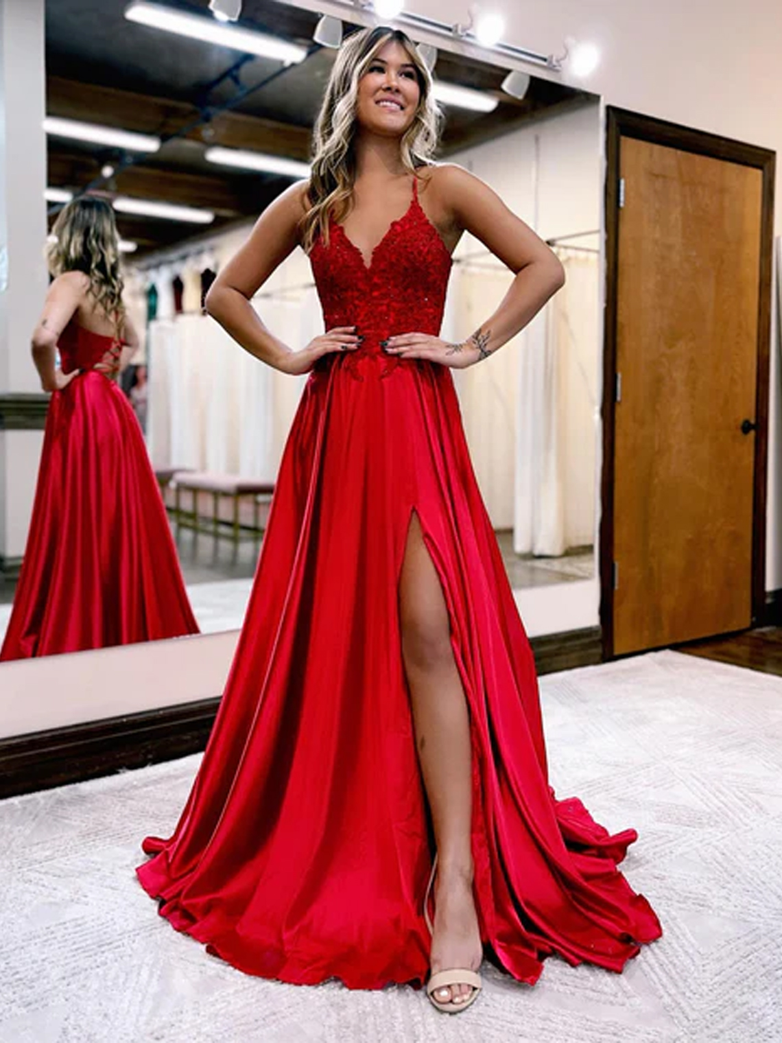 A-line Sexy V Neck Spaghetti Straps Satin With Split Prom Dress 