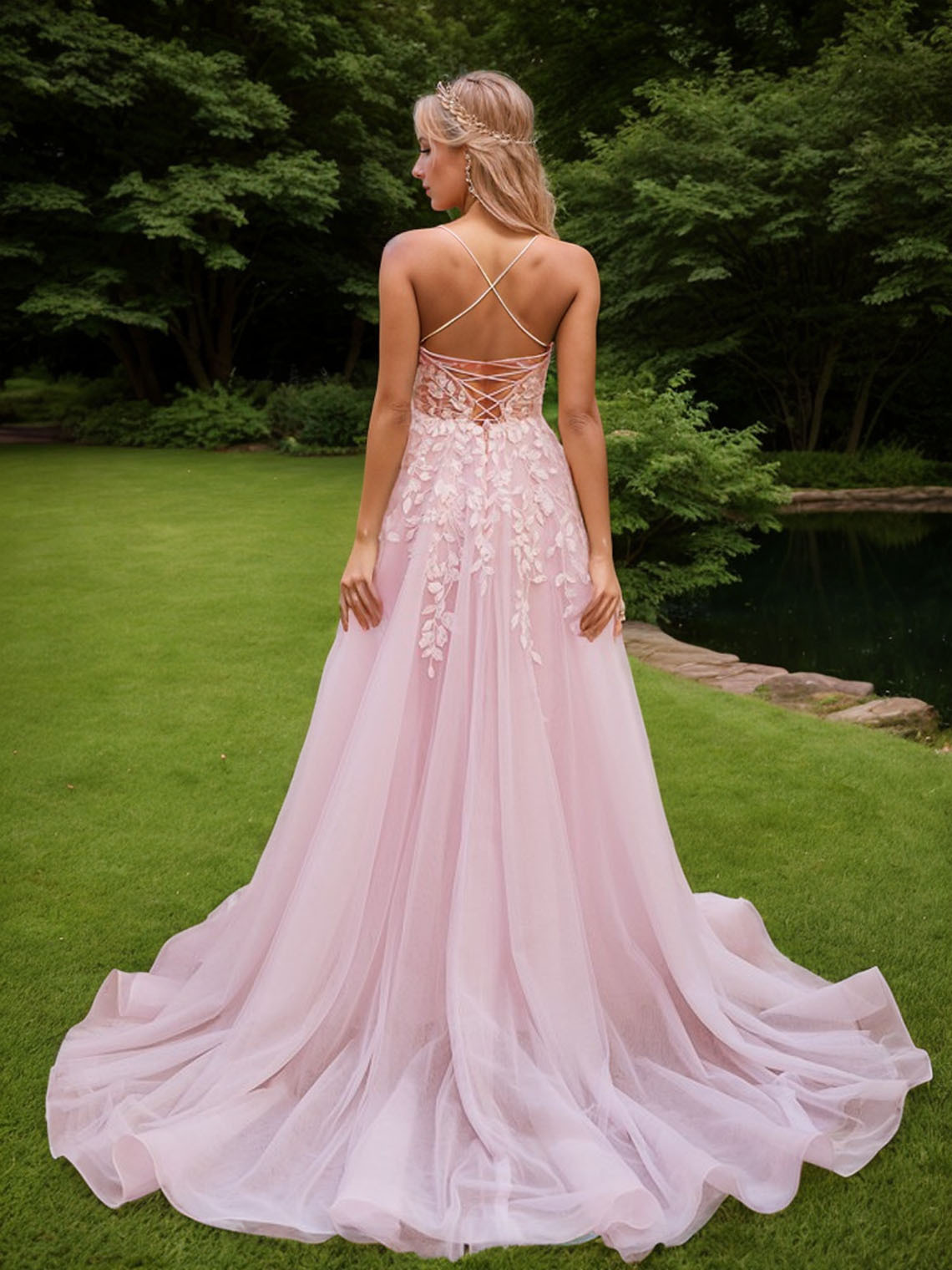 Pink A-Line Tulle V-neck Sleeveless With Applique Long Prom Dress