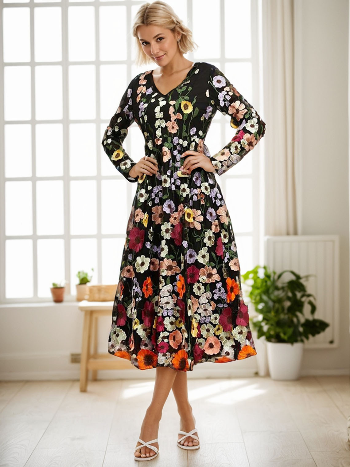 Black V Neck Tulle Long Sleeve Tea Length With Embroidered Prom Dress