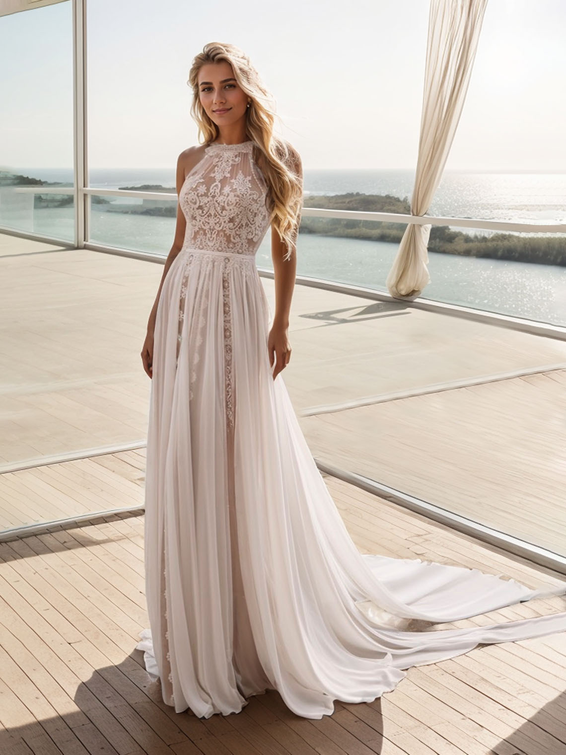 Bohemian Vintage A-Line Illusion Sleeveless Court Train Wedding Dress
